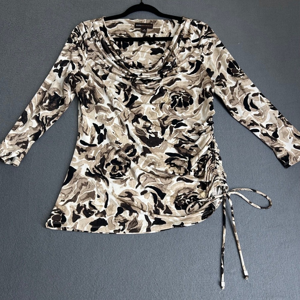 Dana Buchman Top Womens M Brown Floral Cowl Neck Ruched Side 3/4 Sleeve Blouse
